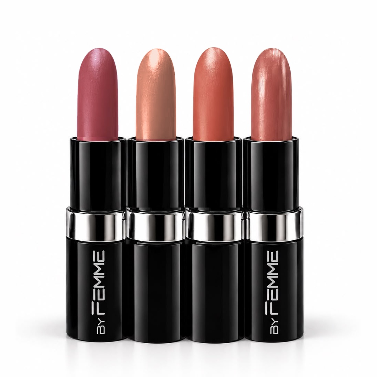 Os quatro batons do kit lado a lado: Sexy, Pele, Glam e Glow